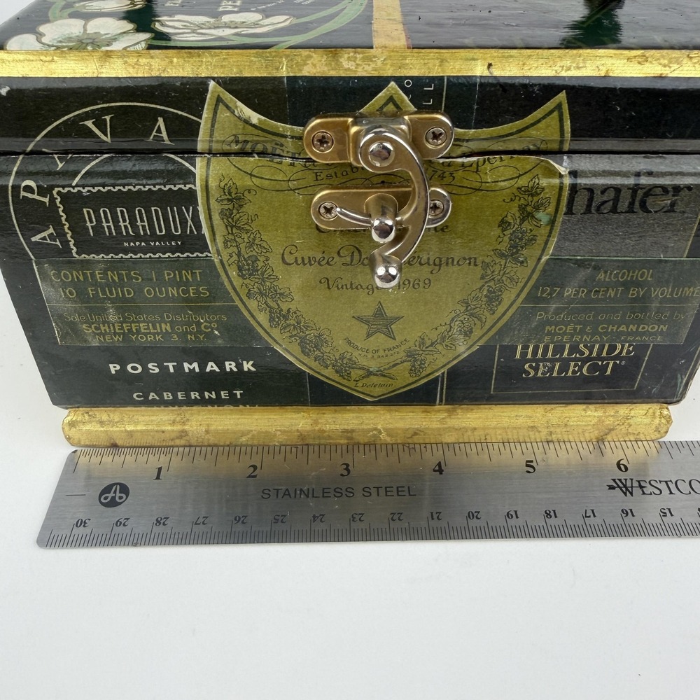 Handmade‎ Wine Label Wooden Box Purse Womens Black Beaded Handle Velvet Lined - Picture 7 of 9